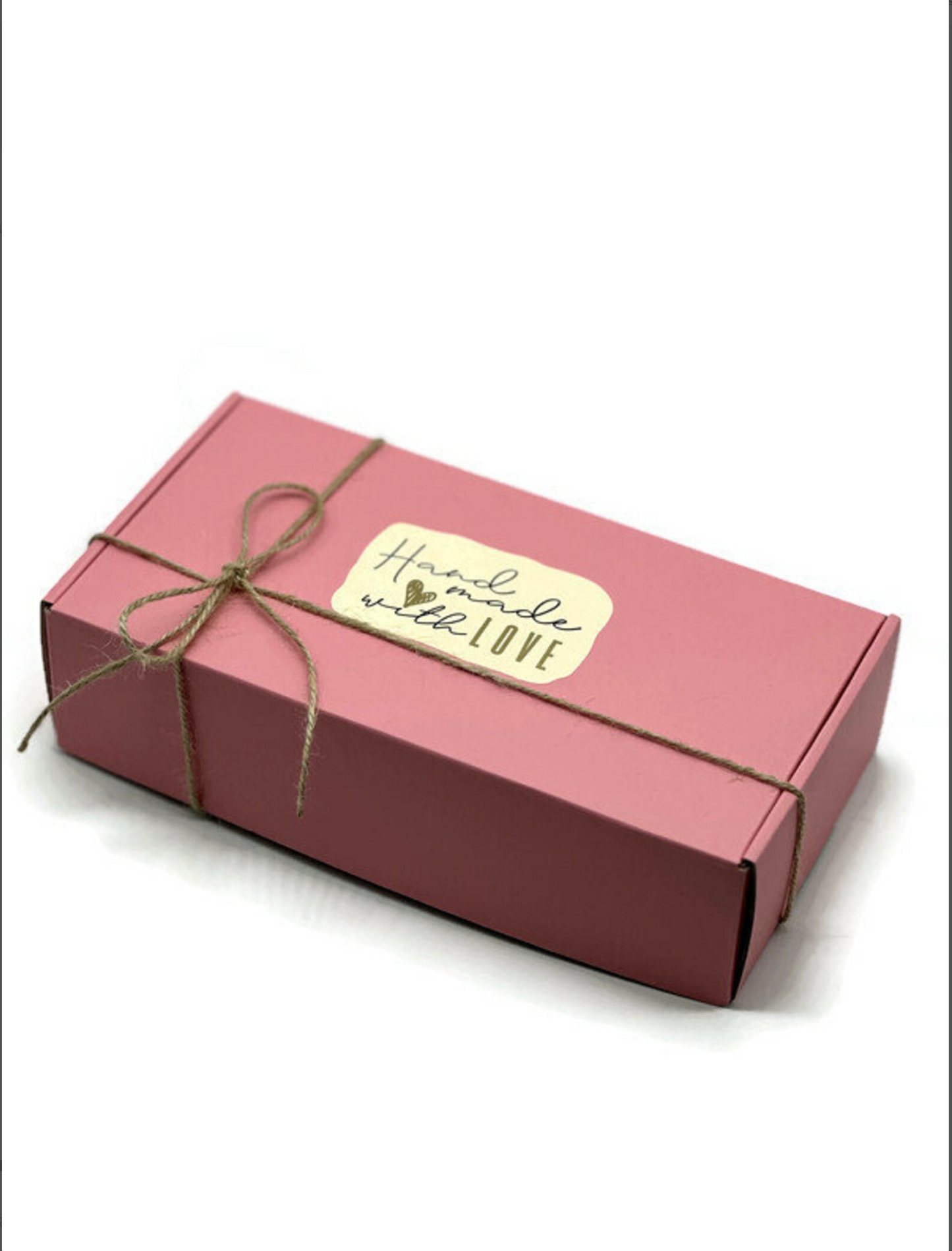 pink color gift box tied with string and handmade with love sticker