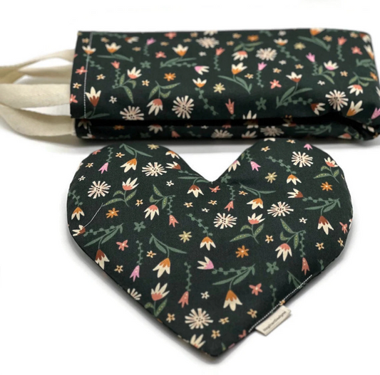 Neckwrap and hearth shape eye pillow combo with Black fabric with flower pictures on it