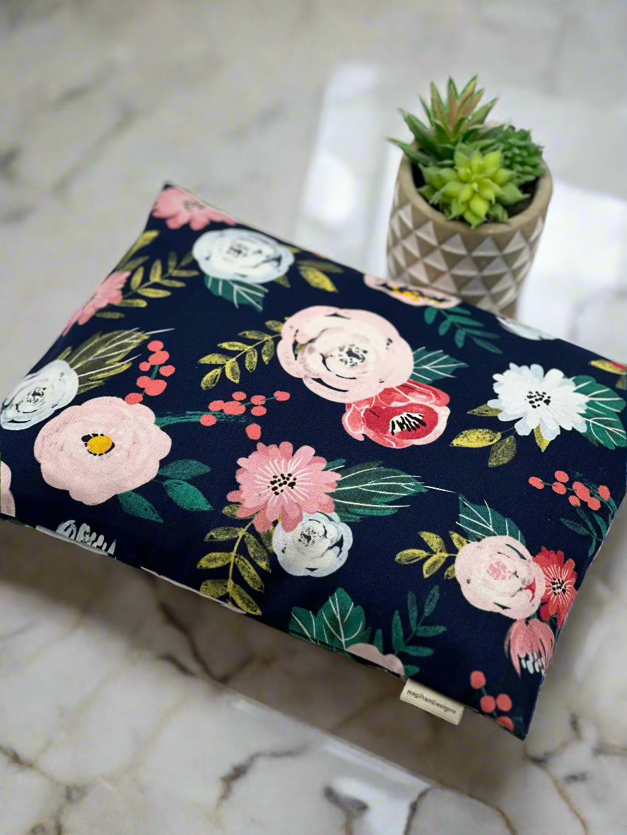Blue cotton fabric with white and pink large flowers heating and cooling pad