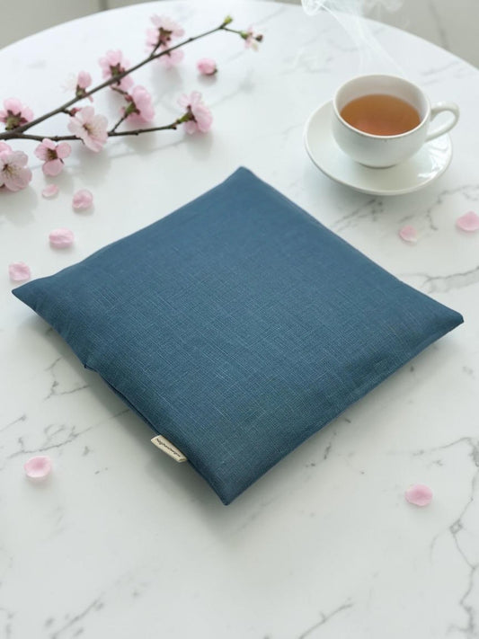 Microwavable Heating & Cooling Pad – Dusty Blue 100% European Linen, 9×9" | Corn, Flaxseed or Cherry Pit | Optional Aromatherapy | Washable Cover