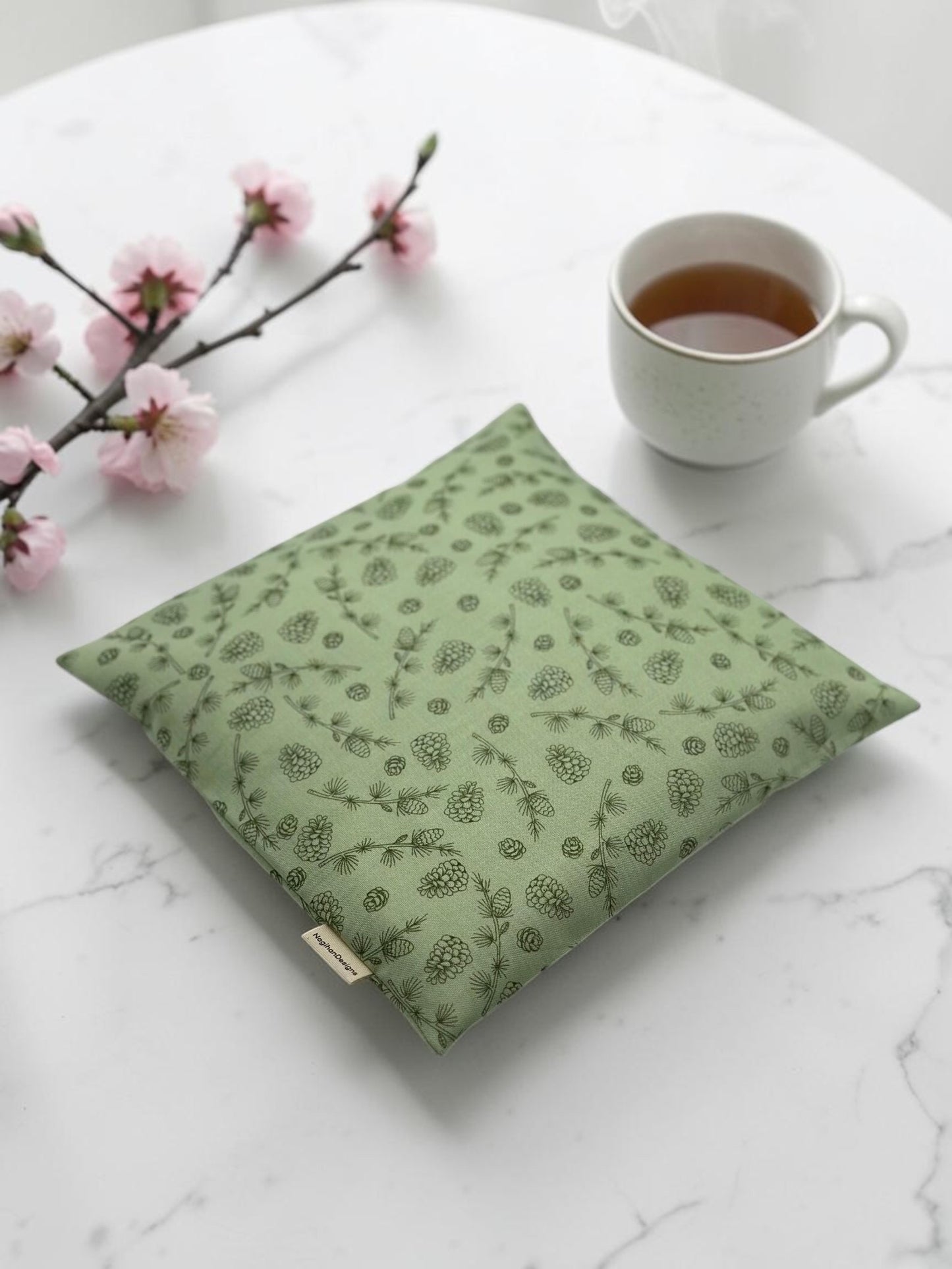 Microwavable Heating & Cooling Pad – Sage Green Pine Cone Cotton, 9×9" | Corn, Flaxseed or Cherry Pit | Optional Aromatherapy | Washable Cover