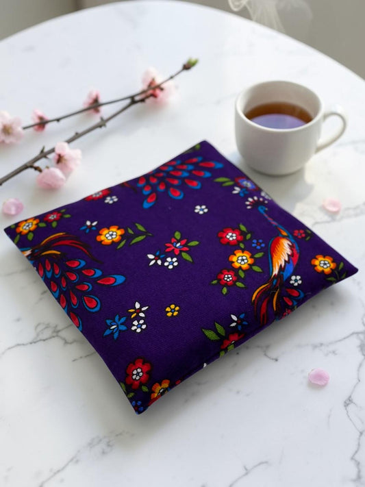Microwavable Heating & Cooling Pad – Purple Folk Art Flannel, 9×9" | Corn, Flaxseed or Cherry Pit | Optional Aromatherapy | Washable Cover