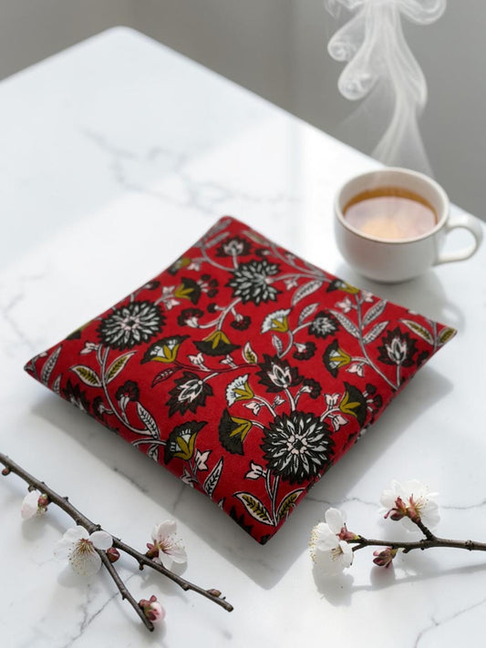 Microwavable Heating & Cooling Pad – Red Mughal Botanical Flannel, 9×9" | Corn, Flaxseed or Cherry Pit | Optional Aromatherapy | Washable Cover