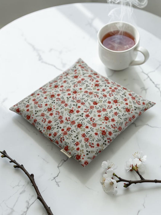 Microwavable Heating & Cooling Pad – Cream Red Mini Floral Cotton, 9×9" | Corn, Flaxseed or Cherry Pit | Optional Aromatherapy | Washable Cover