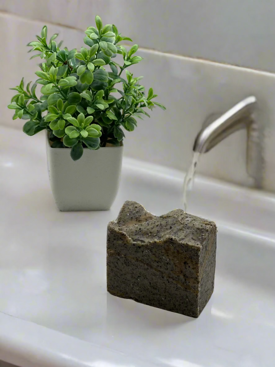 Cement block and potted plant on a light gray background