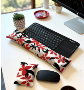 Ergonomic Wrist Rest Set – White Red Black Tropical Floral Cotton
