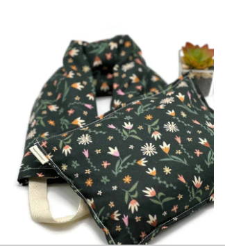 Microwavable Corn Heating & Cooling Pad Set – Dark Green Wildflower Cotton | Neck Wrap + Pad | Washable Cover