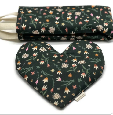 Neck Wrap & Heart Eye Pillow Set – Dark Green Wildflower Cotton