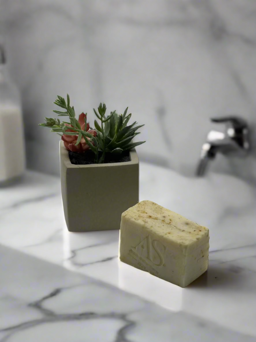 Bar of soap with a plant pot on a gray background