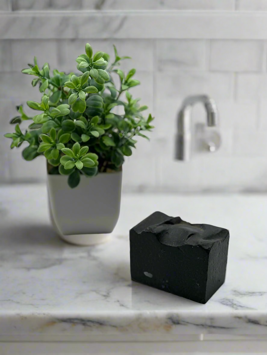 Black soap bar and potted plant on a white background