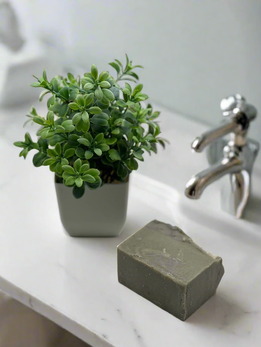 Clay soap with a small greens on a pot as a background decoration