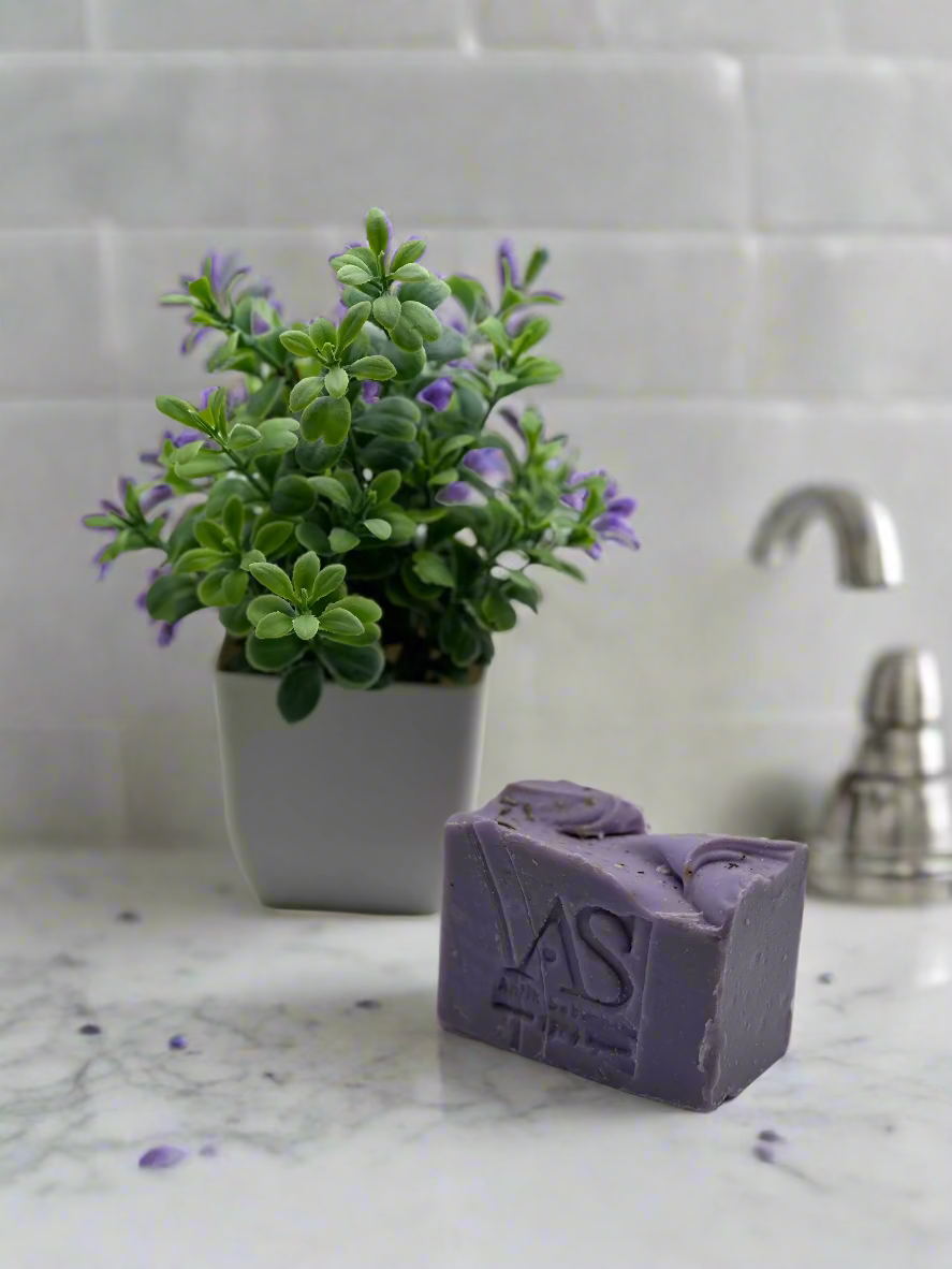 Purple soap bar with 'AS' logo in front of a small potted plant on a light gray background