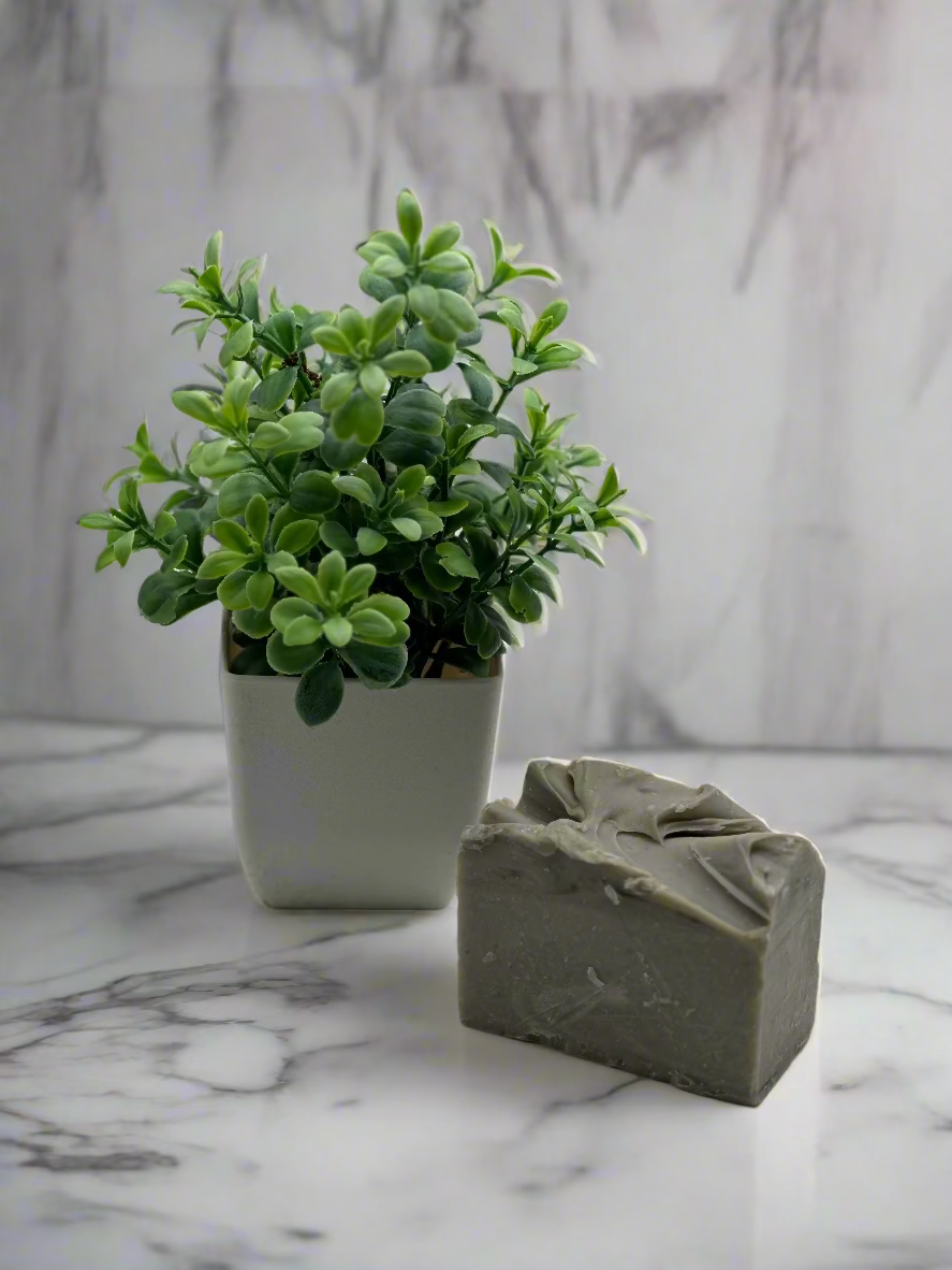 Clay soap with a small greens on a pot as a background decoration