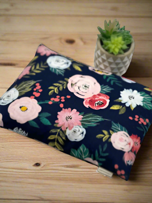 blue color cotton fabric with large white and pink flowers printed on