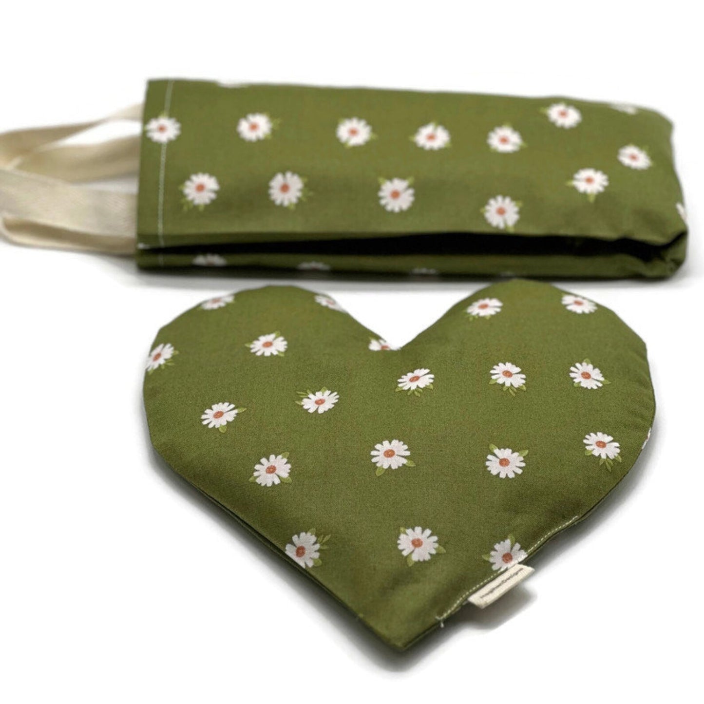 Neck Wrap & Heart Eye Pillow Set – Olive Green Daisy Cotton