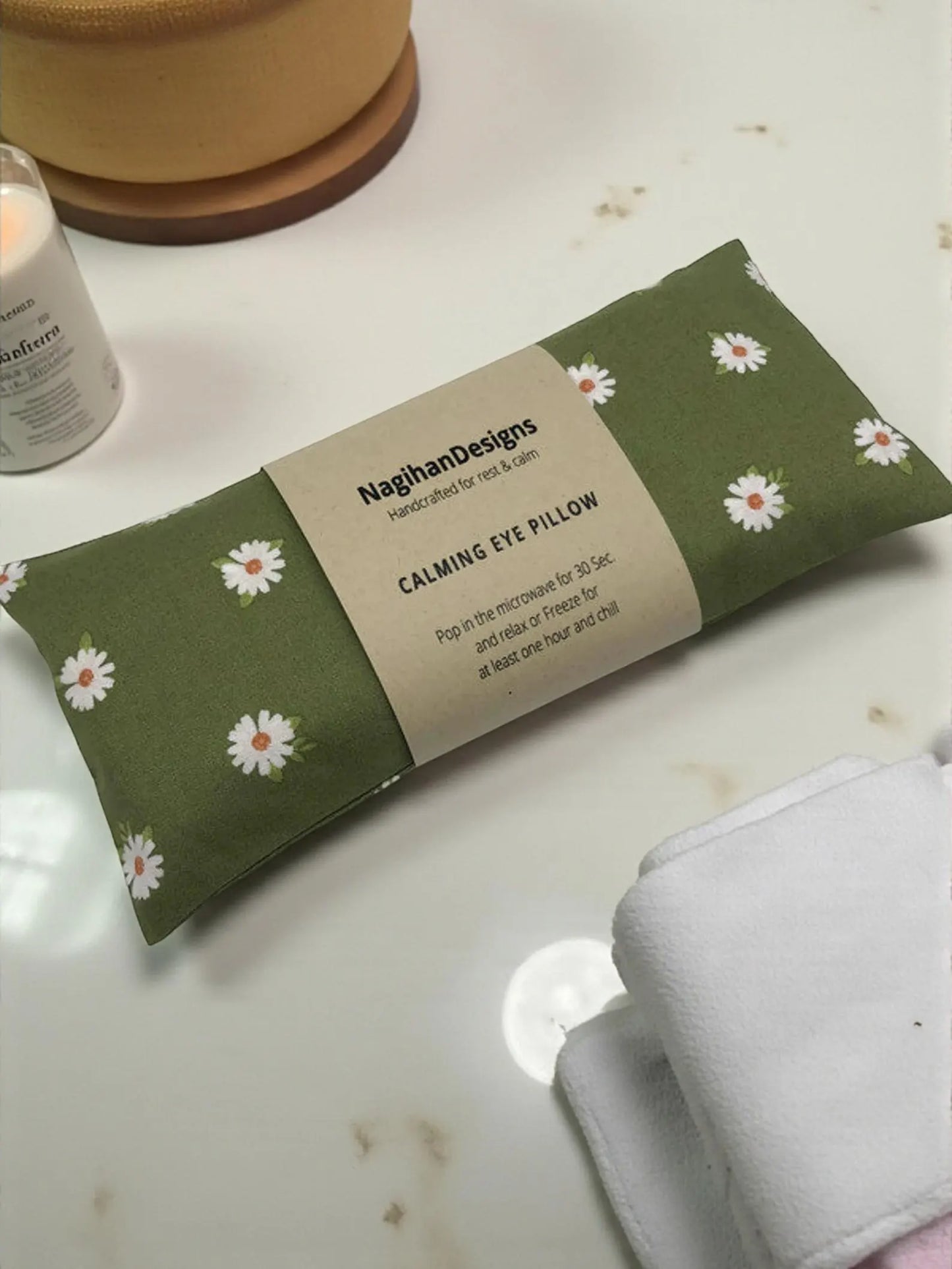 Eye Pillow – Olive Green Daisy Cotton | Choose Your Filling