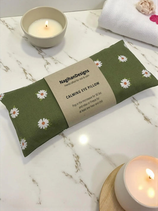Flaxseed Eye Pillow – Olive Green Daisy Cotton
