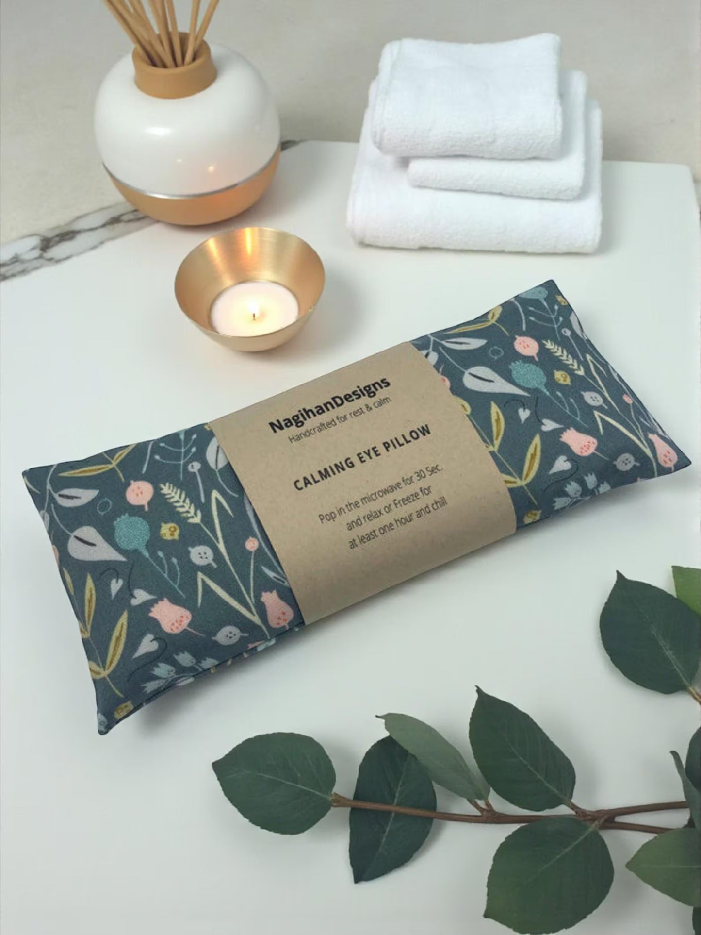 Flaxseed Eye Pillow – Dark Teal Wildflower Botanical Cotton