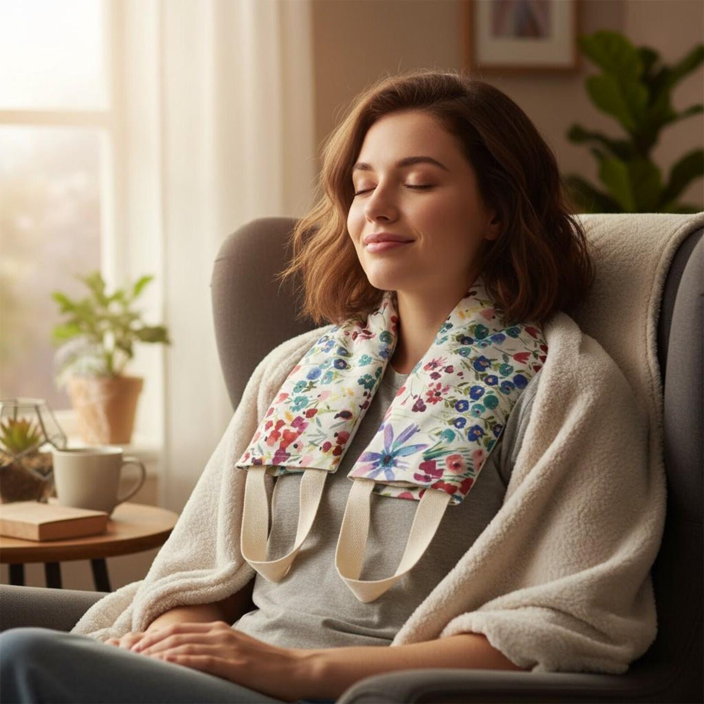 Microwavable Cherry Pit Neck Wrap – Gray Botanical Leaf Cotton, 20×5" | Hot Cold Therapy
