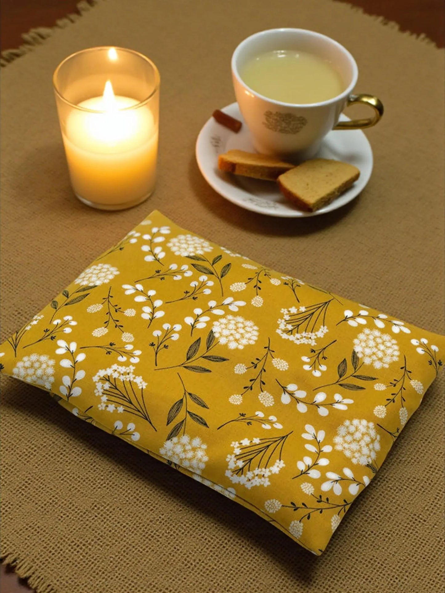 Microwavable Heating & Cooling Pad – Golden Mustard Hydrangea Cotton, 7×9" | Corn, Flaxseed, Cherry Pit or Millet