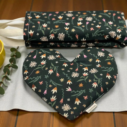 Neck Wrap & Heart Eye Pillow Set – Dark Green Wildflower Cotton