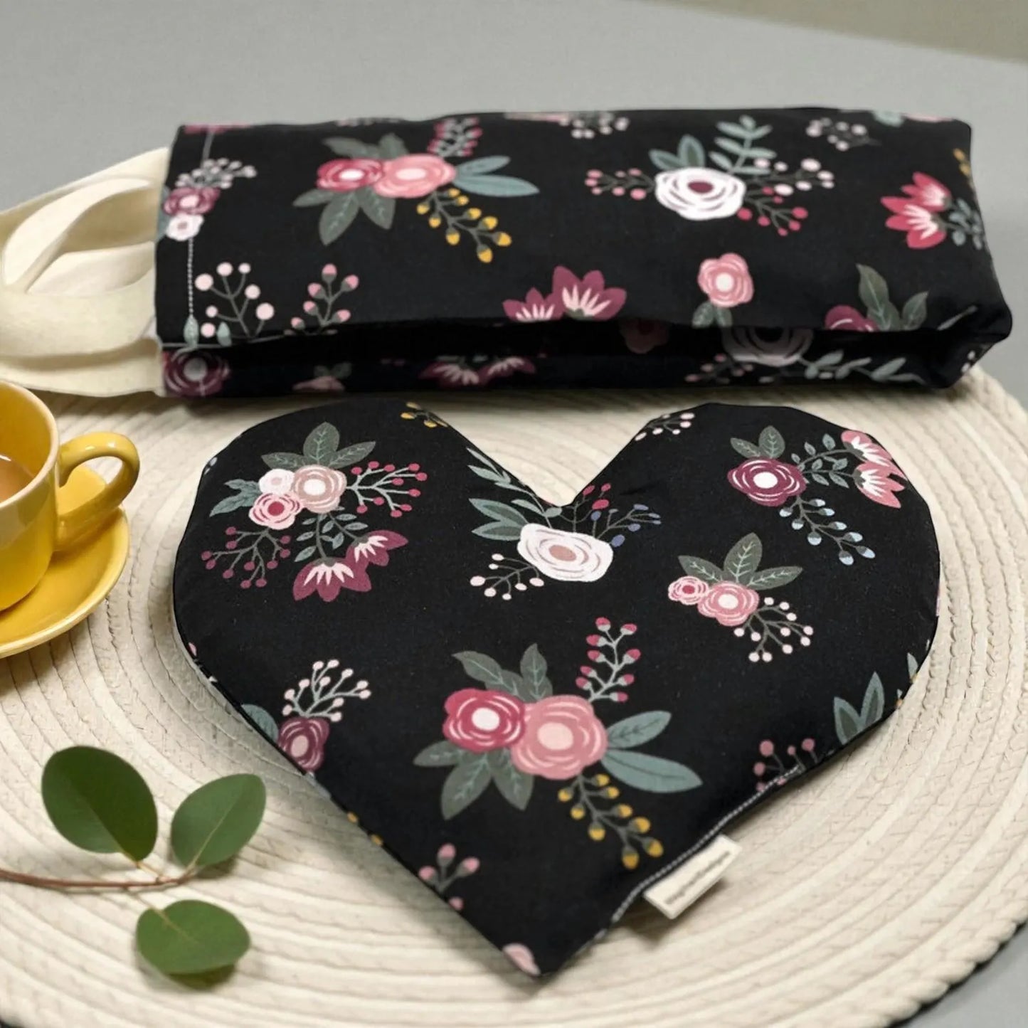 Neck Wrap & Heart Eye Pillow Set – Black Pink Floral Cotton