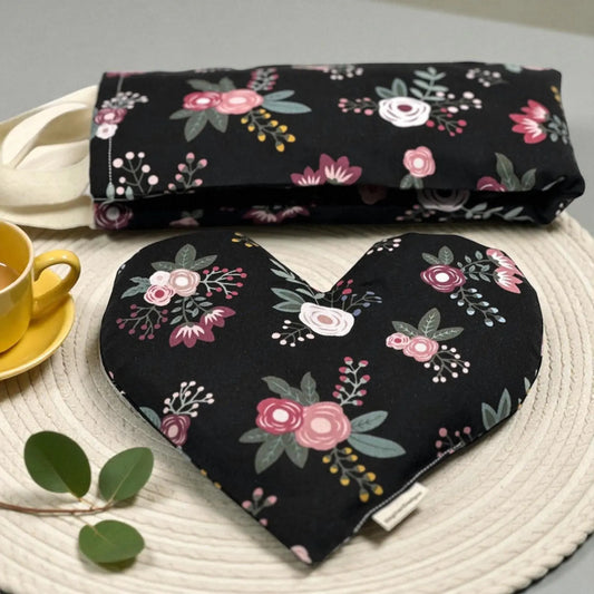 Neck Wrap & Heart Eye Pillow Set – Black Pink Floral Cotton