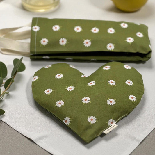 Neck Wrap & Heart Eye Pillow Set – Olive Green Daisy Cotton