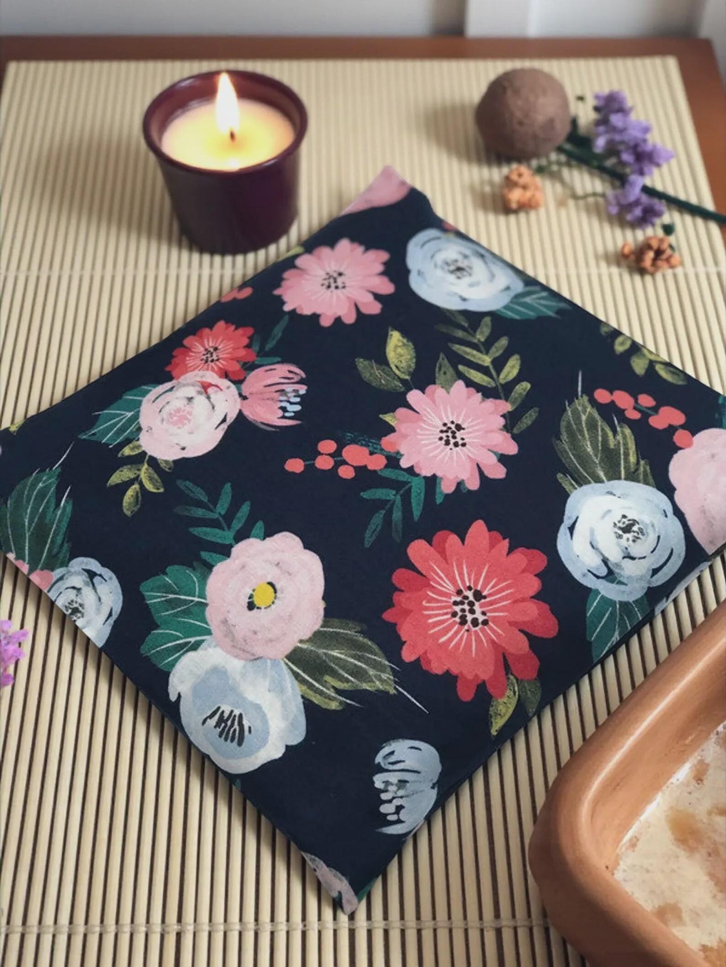 Heating & Cooling Pad – Navy Peony Floral Cotton, 9×9" | Choose Your Filling