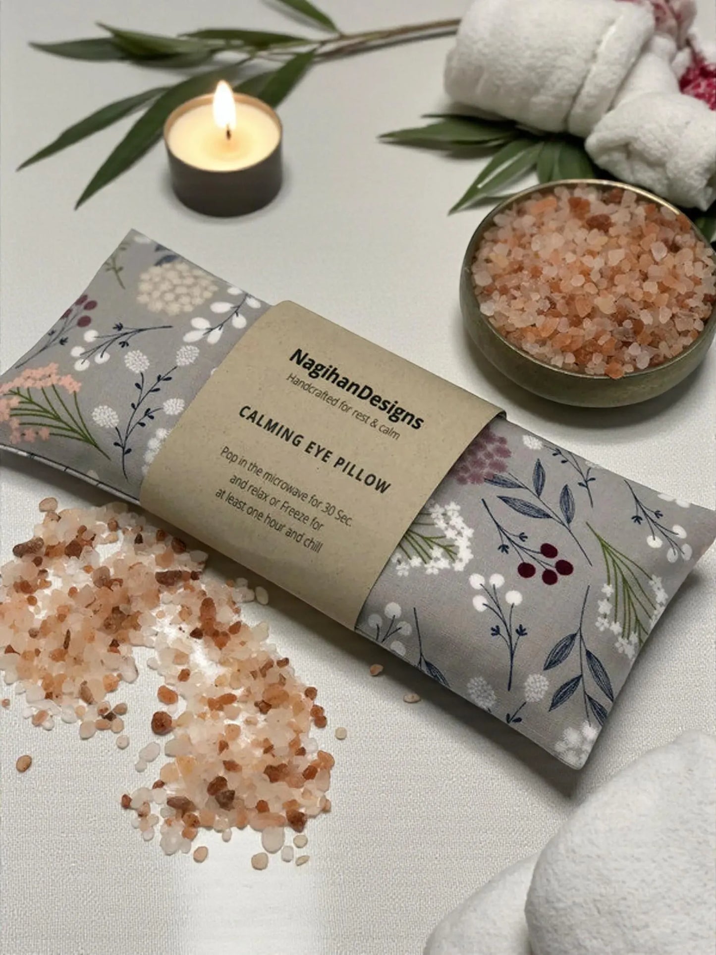 Calming Eye Pillow – Gray Botanical Sprig Cotton | Flaxseed & Himalayan Salt | Lavender, Eucalyptus or No Scent | Washable Cover