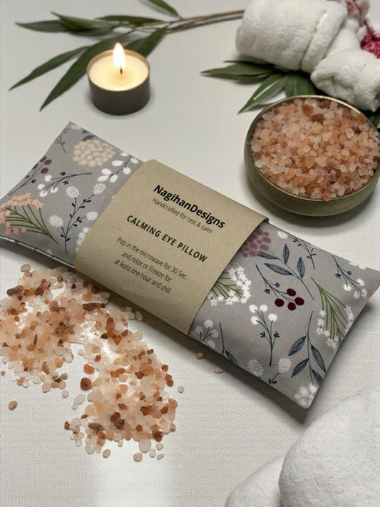 Calming Eye Pillow – Gray Botanical Sprig Cotton | Flaxseed & Himalayan Salt | Lavender, Eucalyptus or No Scent | Washable Cover