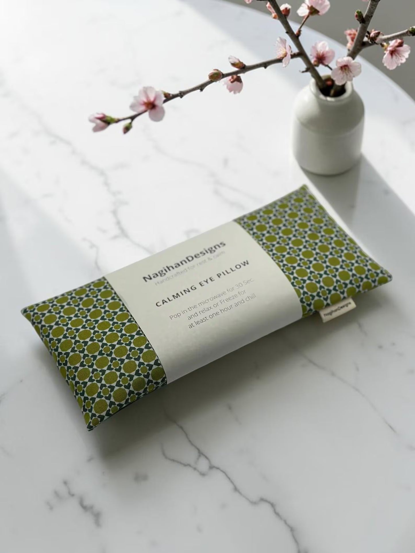 Calming Eye Pillow – Olive Green Geometric Print Cotton | Flaxseed & Himalayan Salt | Choose Your Scent