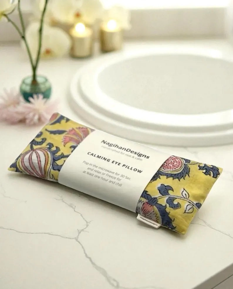 Eye Pillow – Golden Yellow Pink Mughal Floral Block Print Cotton | Choose Your Filling