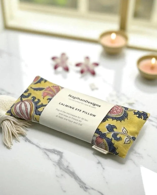 Eye Pillow – Golden Yellow Pink Mughal Floral Block Print Cotton | Choose Your Filling