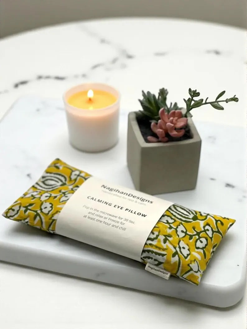 Eye Pillow – Golden Yellow Tulip Block Print Cotton | Choose Your Filling