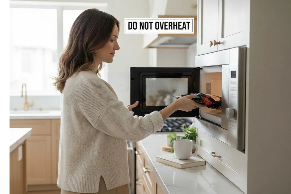 Woman in a kitchen heating a NagihanDesigns watercolor cotton flaxseed neck wrap in the microwave for therapy.