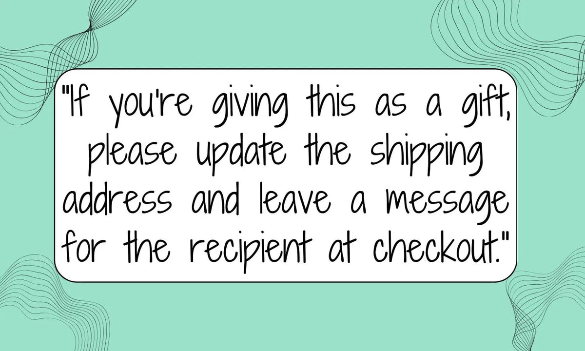 NagihanDesigns gift shipping instructions card with black text on a light green background with abstract line art.