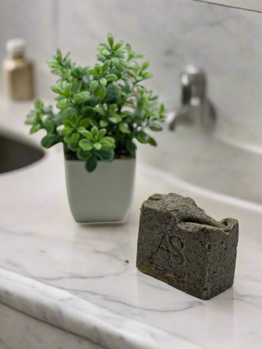Small concrete block with a logo in front of a potted plant on a white background