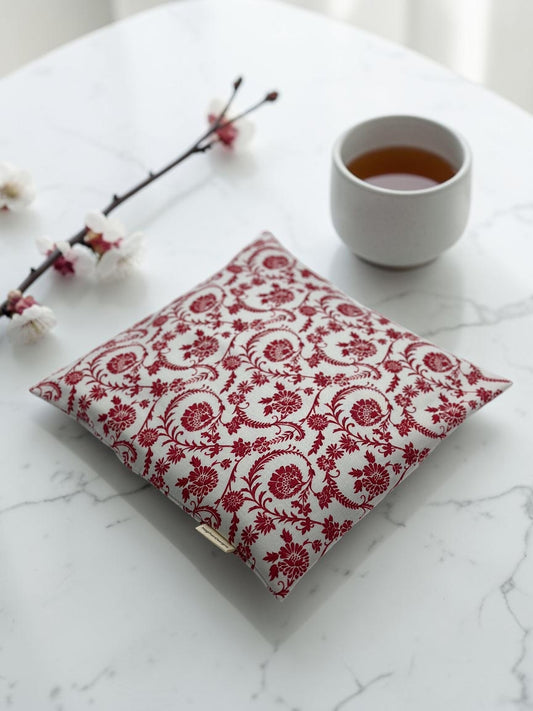 Microwavable Heating & Cooling Pad – Cream Red Floral Scrollwork Cotton, 9×9" | Corn, Flaxseed or Cherry Pit | Optional Aromatherapy | Washable Cover