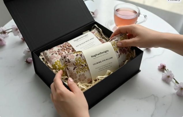 Naginata Designs calming eye pillow in a black box with hands interacting, on a marble surface with flowers.