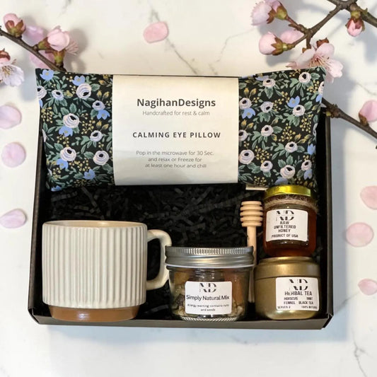 Wellness Gift Box – Rose in Black Eye Pillow, Tea, Honey & Mug Set