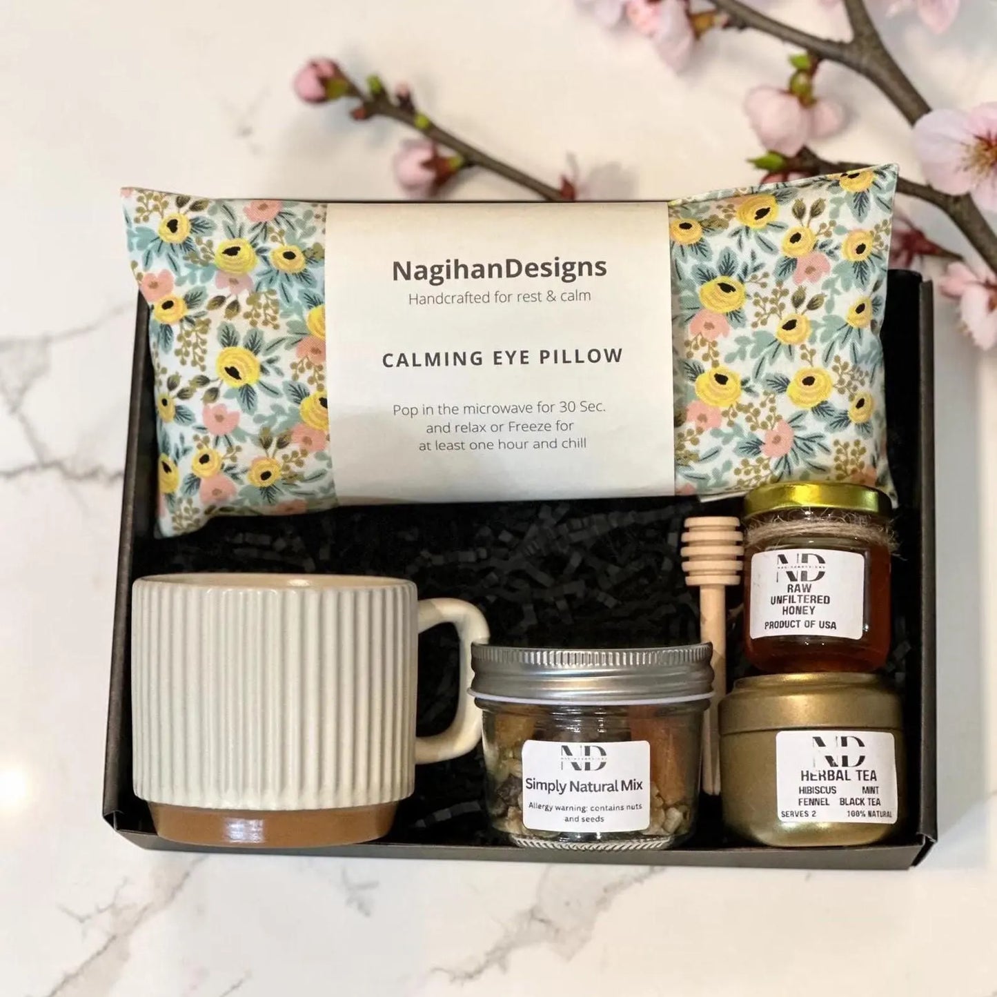 Wellness Gift Box – Rose in Cream Eye Pillow, Tea, Honey & Mug Set