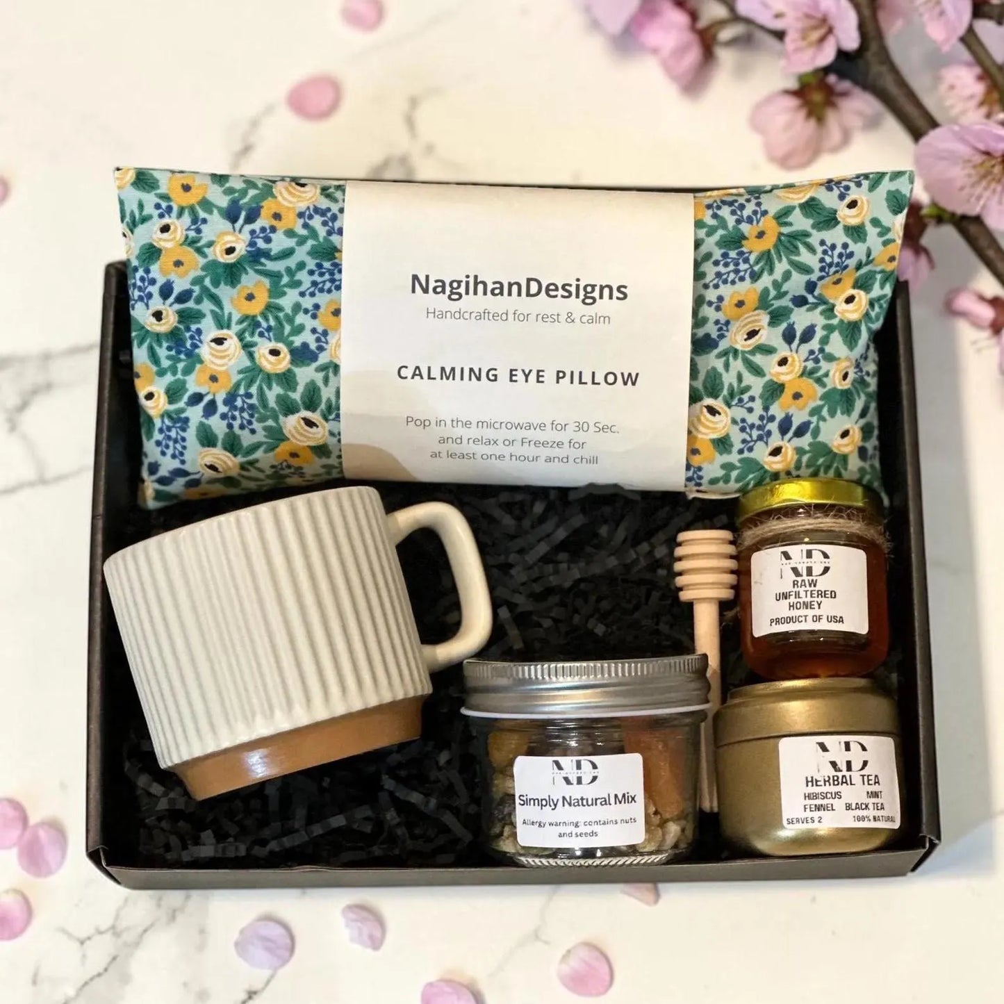 Wellness Gift Box – Rose in Mint Eye Pillow, Tea, Honey & Mug Set