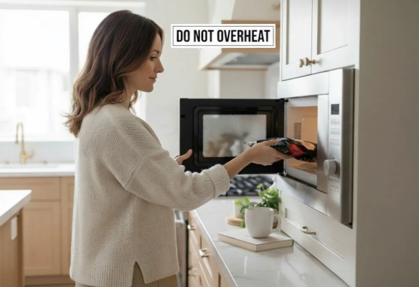 Woman opening a modern kitchen appliance microwave with a 'Do Not Overheat' label.